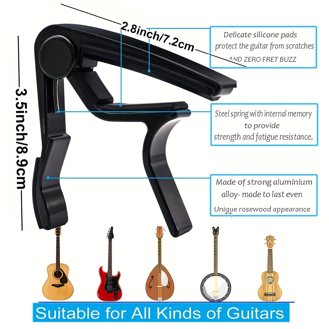 Alloy Guitar Capo Set with Digital Tuner, Picks Holder & 5 Picks 0.7mm - Versatile Capo for Acoustic, Electric Guitars, Ukulele, Bass, Violin - Black