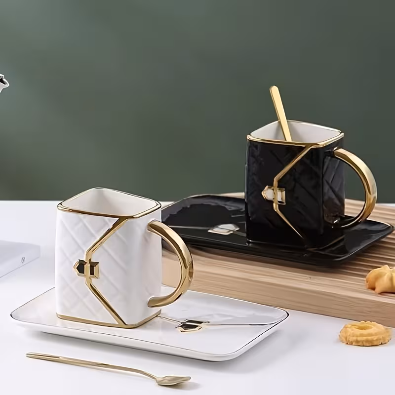 1 bag shaped dessert ceramic cup with spoon and saucer set breakfast coffee mug and plate set handheld for office home coffee tea hot chocolate and latte Product details 1