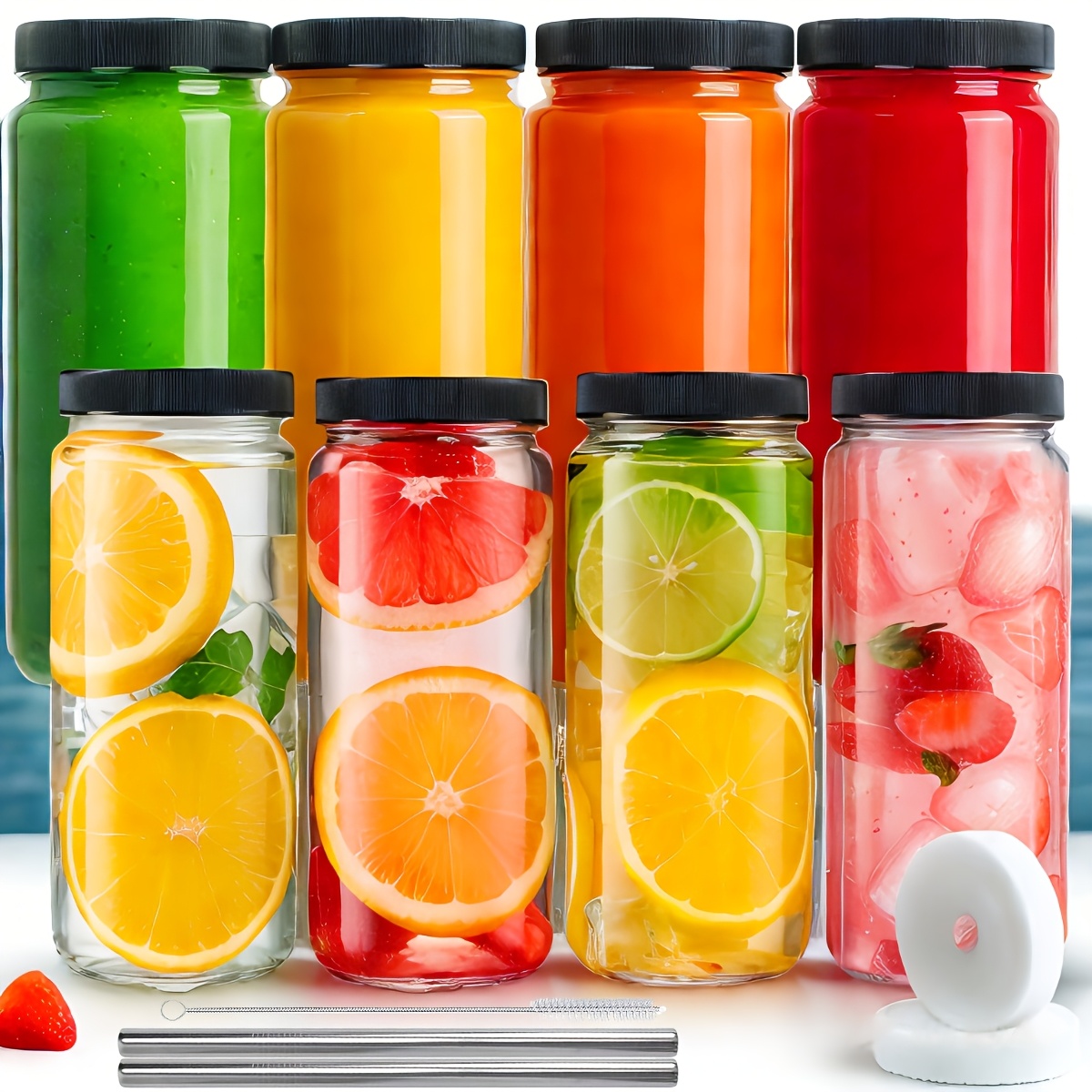 TEMU 8pcs Glass Drinking Bottle With Lid - 16oz Glass Bottle With Lid, Juice Glass Bottle For Juice - Round Glass Water Bottle With Lid For Smoothie,