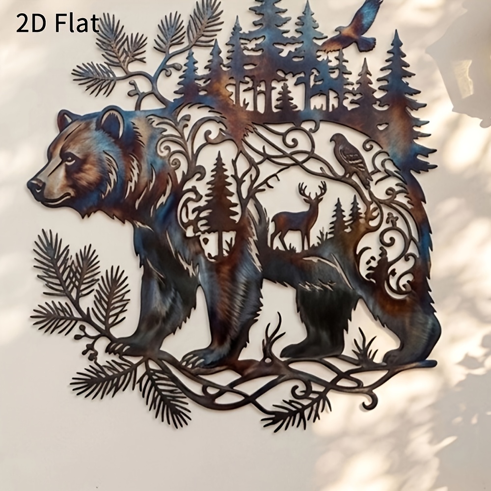 TEMU 2D Plat - 【2D Plat】 2D Plat - [2D Plat] 2D Plat, Décoration Murale en Métal Ours et Forêt, Plaque Métallique Rustique, Décoration Naturelle