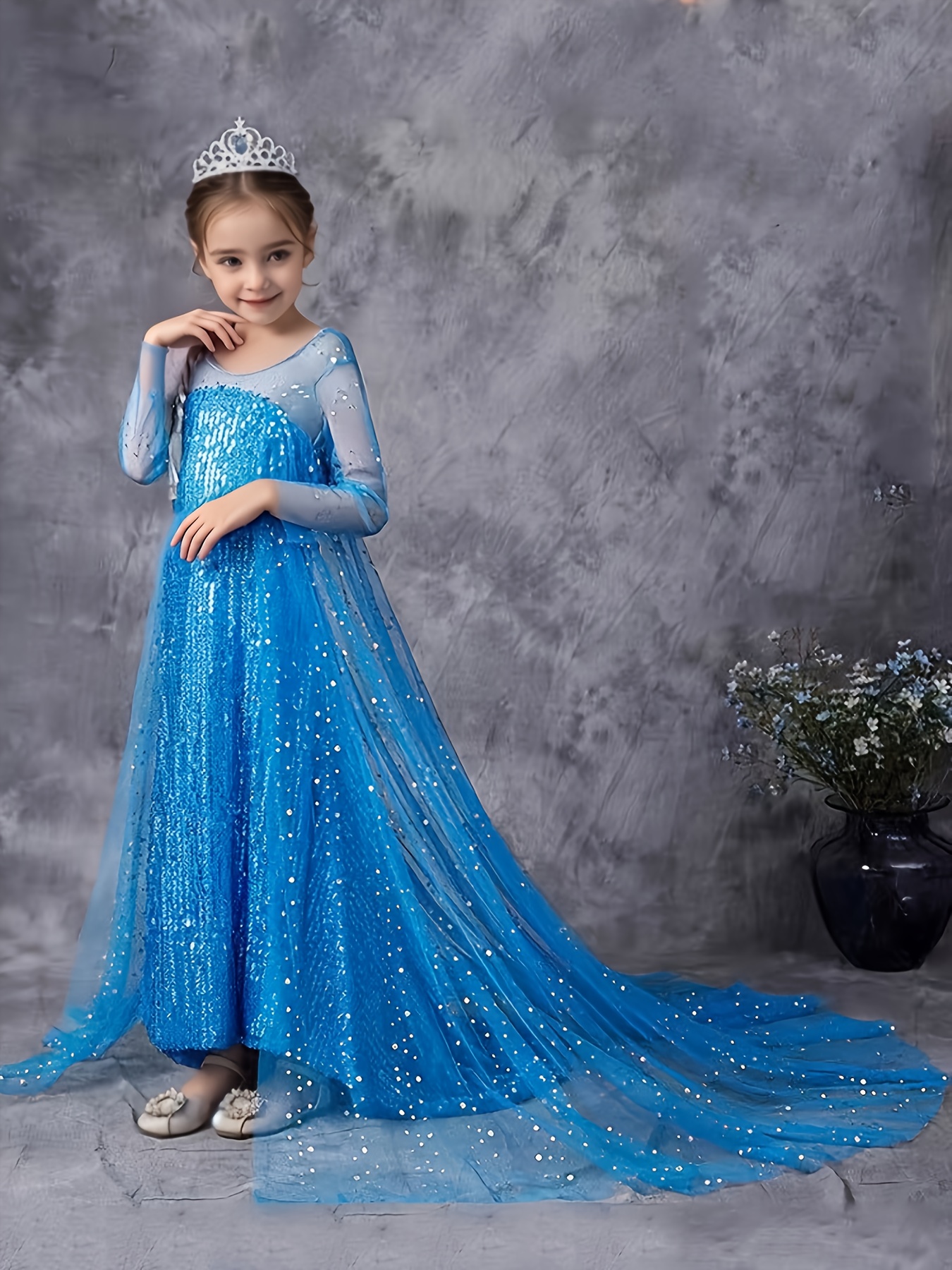 blue sequined princess dress girls long train cape princess - Temu Oman