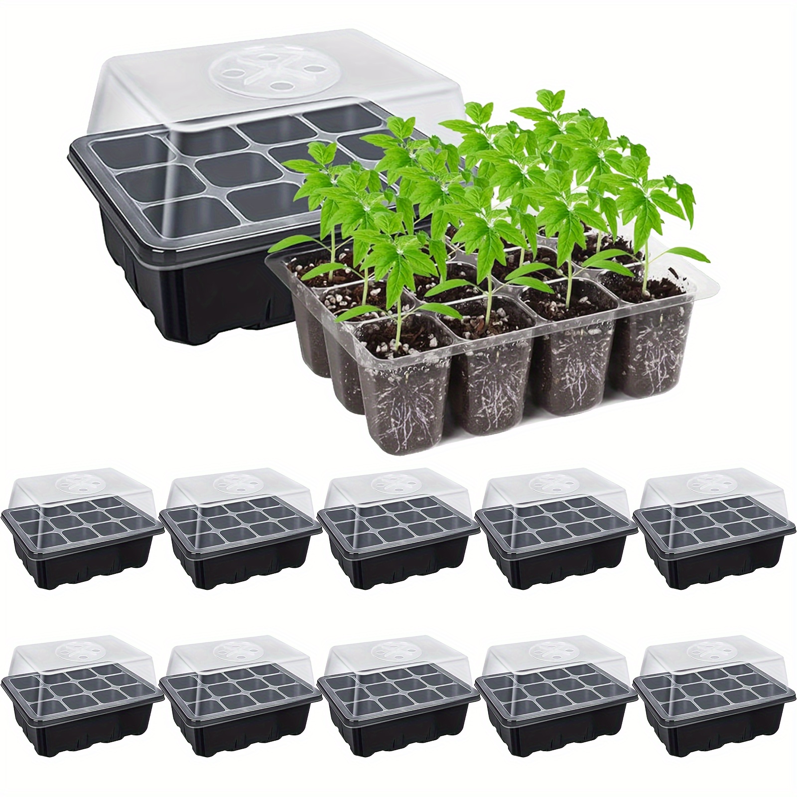 

10 Packs, Seed Starter Tray Seedling Kits,plant Starter Kit With Adjustable Humidity Dome And Base Indoor Greenhouse Mini Propagator For Seeds Growing Starting (12 Cells Per Tray,black)