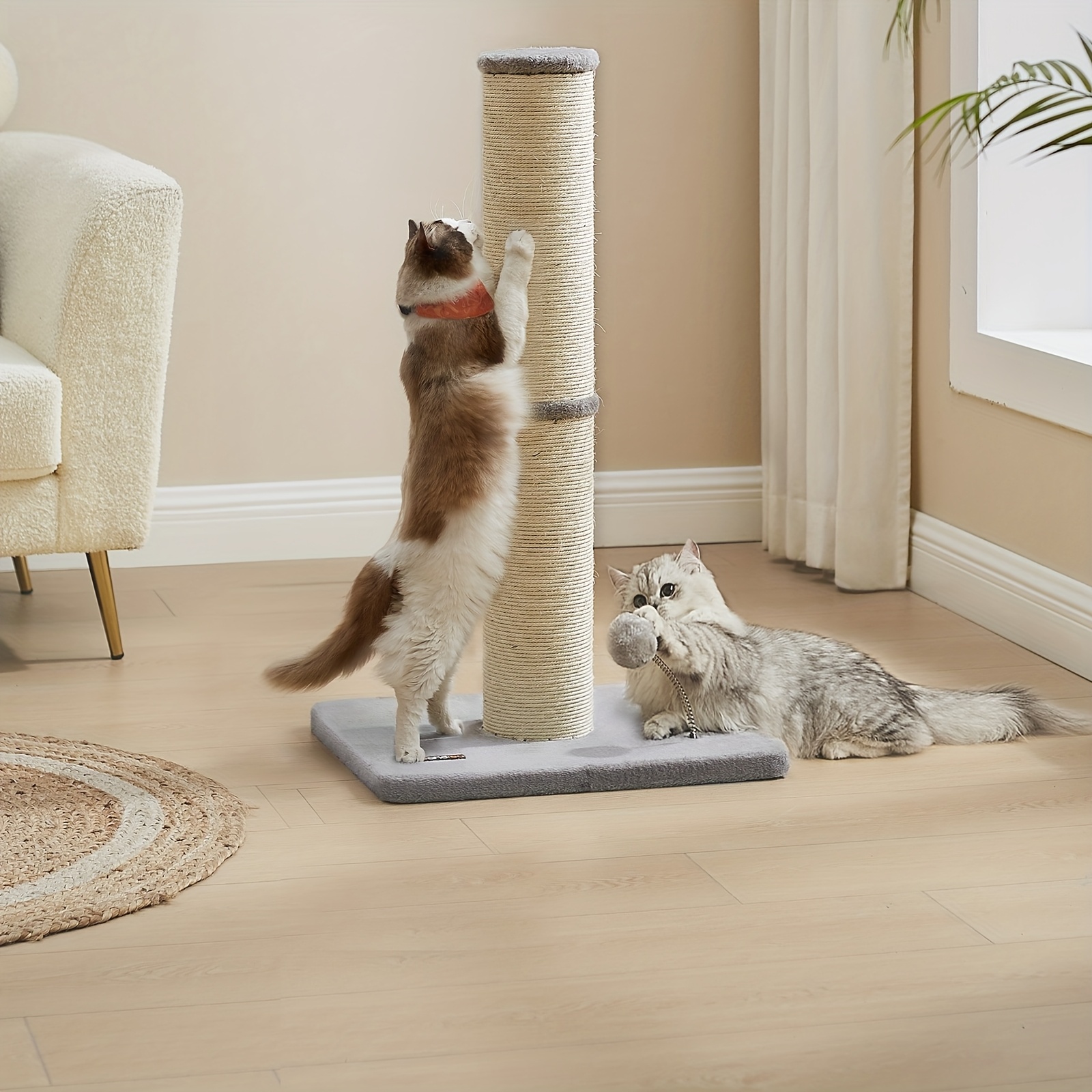 TEMU Cat Scratching Post, 85 Cm Tall Cat Scratcher For Medium And Large Cats, Furniture Scratching Deterrent Sisal Scratch Pole, Spring Pompom With