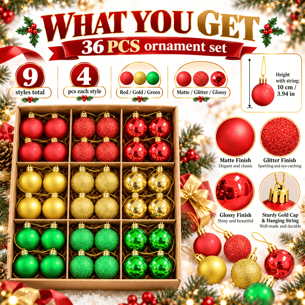 TEMU 36pcs Red, Green, And Golden Christmas Ornament Set, Featuring Christmas Color Scheme With Of Matte, Glossy, And Glitter . Easily Hang On