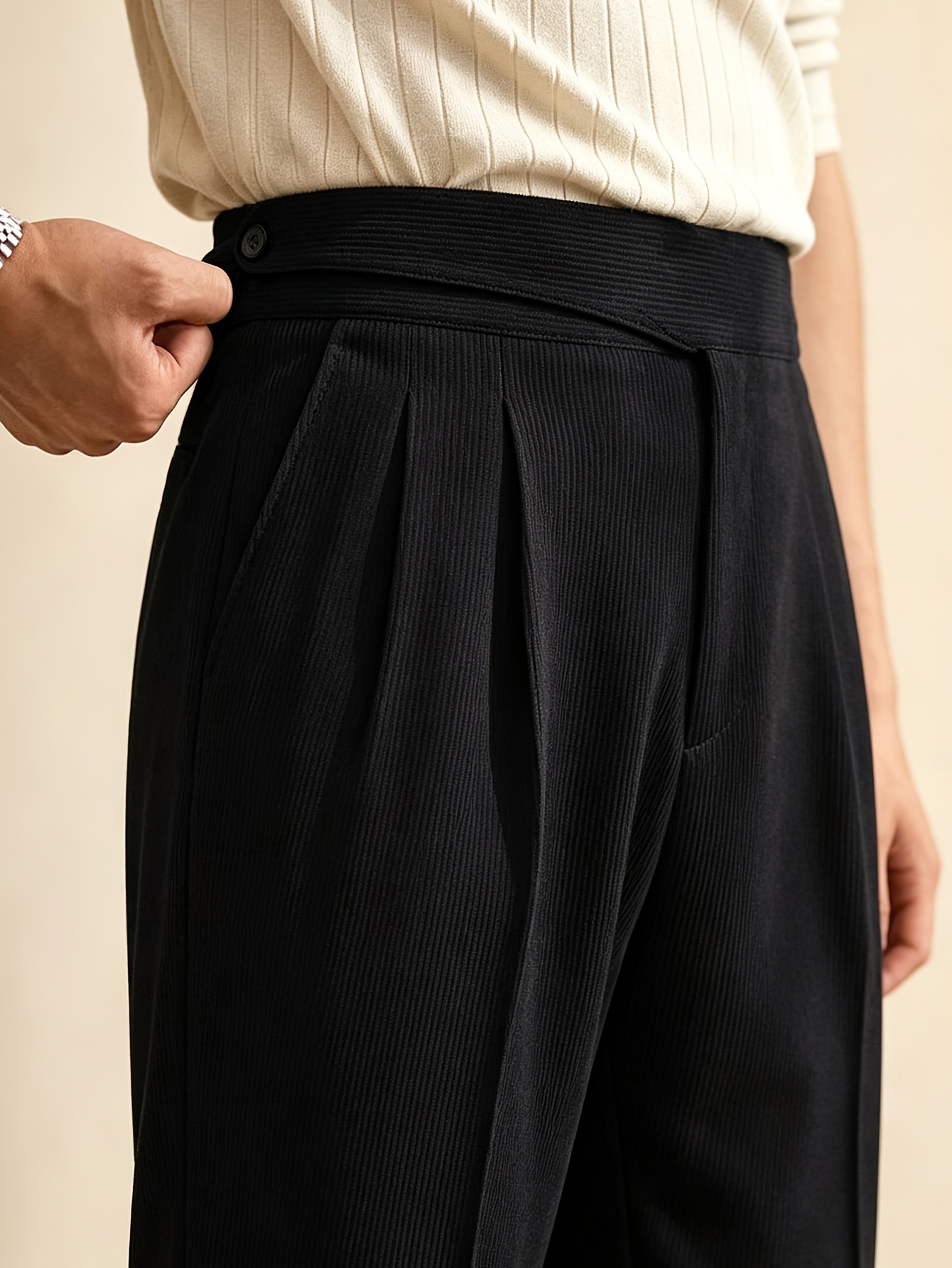 Spring/Autumn New Corduroy Ribbed Cotton Fabric Light Business Elegant Italian Neapolitan Solid Color Button Double Pleat Straight-Leg Trousers Men's Formal Pants Gurkha Pants Suit Pants, Suitable for Daily Work Commuting Office, Classic Tailoring