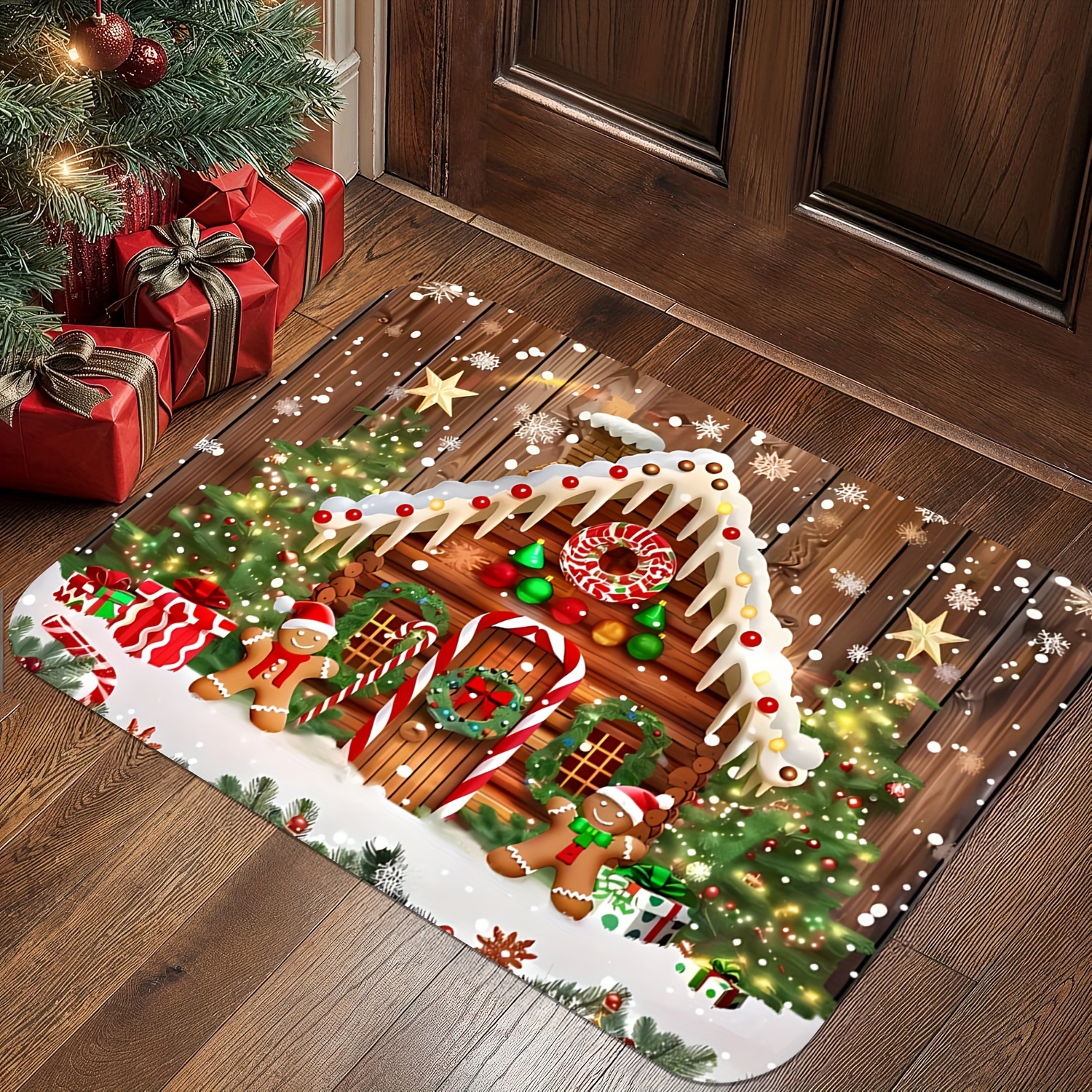 

Christmas And Man Design Doormat - Anti-slip, Easy Clean, Stain Resistant, Machine Washable, Lightweight Polyester Square Mat For Bathroom, Living Room, Bedroom, Office - Holiday Decor