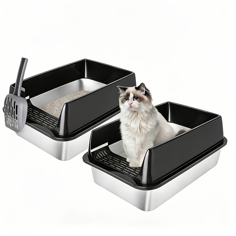 Image of Collection Of 2 Litter Boxes Made From 304 Stainless Steel - Spacious Suitable For Homes With Multiple Cats, Featuring A Scratch-resistant Base, Full Litter Tray Dimensions Of 50x35x24cm