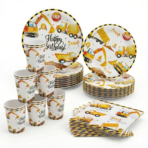 50pcs excavator parent child spring outing paper cutlery 10 dinner plates 10 dessert plates 10 paper cup 20 paper napkins party dinnerware for camping picnics yard bbq wedding valentines day graduation birthday party supplies