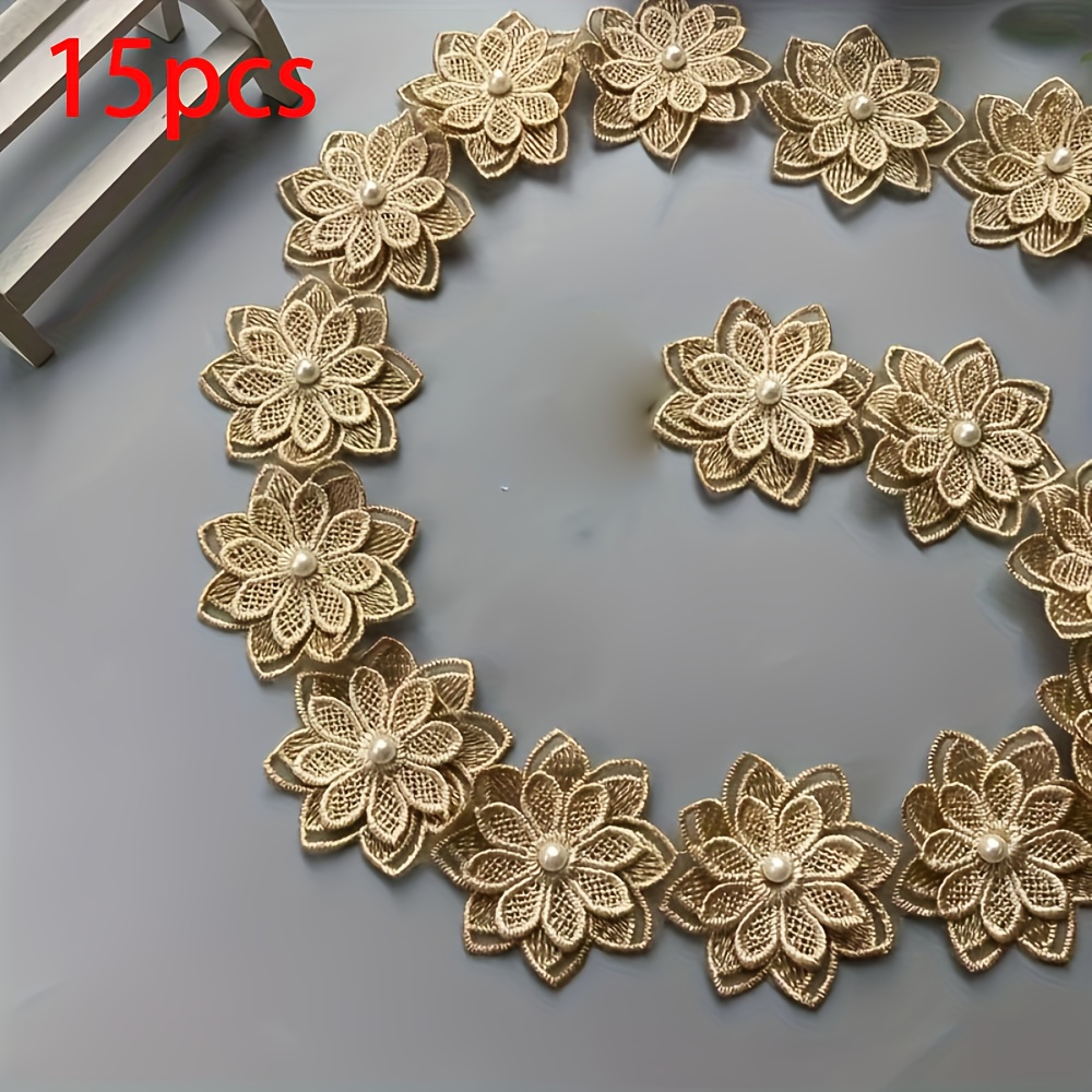 TEMU 15pcs 3d Embroidered Lace Appliqués With Beads, Polyester Flower Trim For Wedding Dresses And Diy Crafts