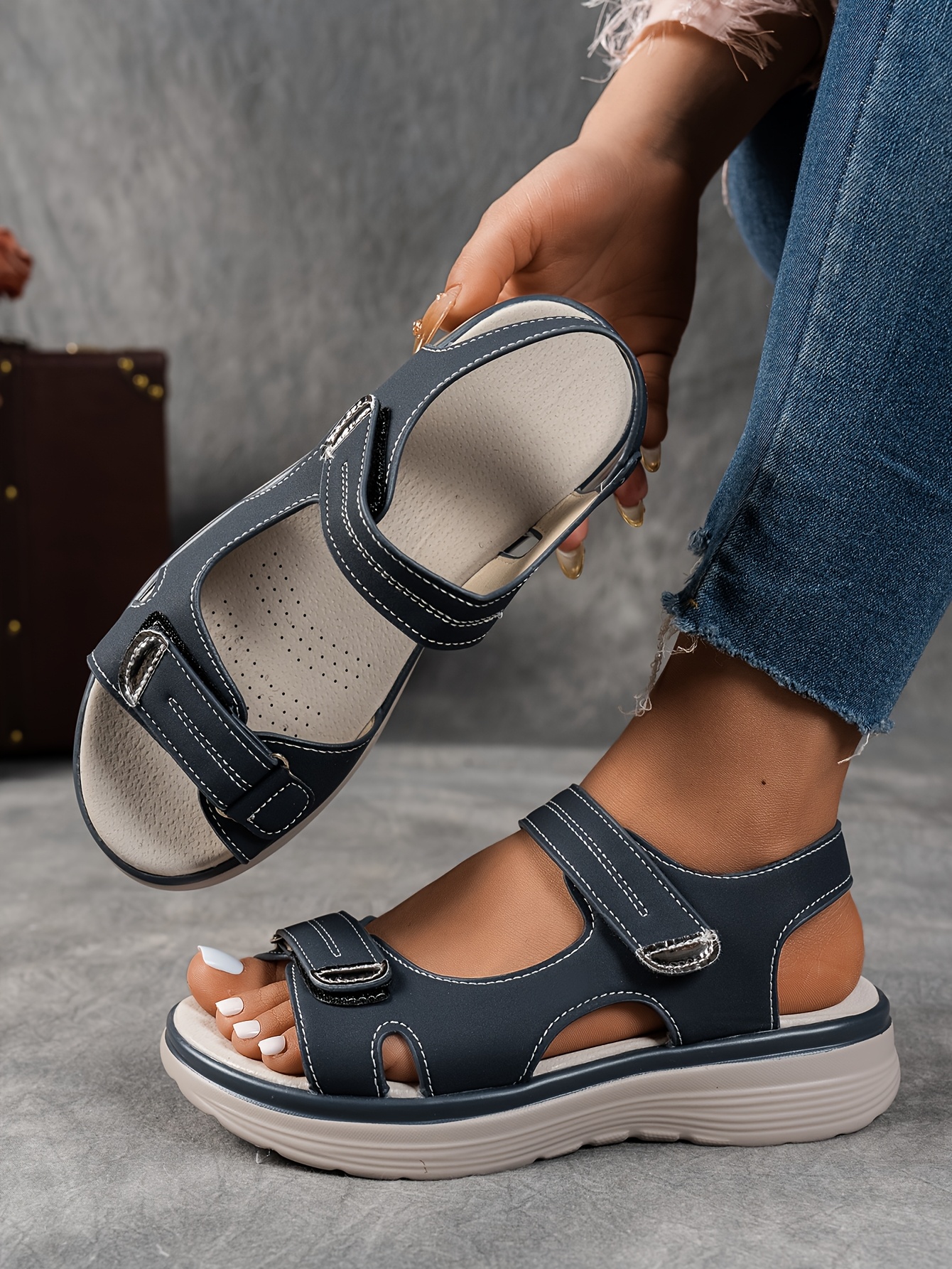 womens summer casual black platform wedge sandals open toe breathable pu upper ankle hook and loop closure solid color beachwear strappy sandals details 8