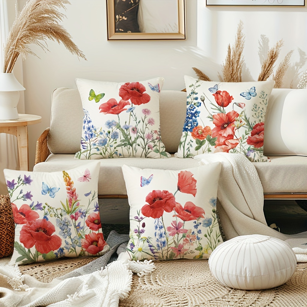 

4pcs Red Poppy Floral Throw Pillow Covers, 18*18inch Seasonal Vintage Decorative Rustic Farmhouse Cushion Cases, For Porch Patio Couch Sofa Living Room Outdoor, Without Pillow Inserts