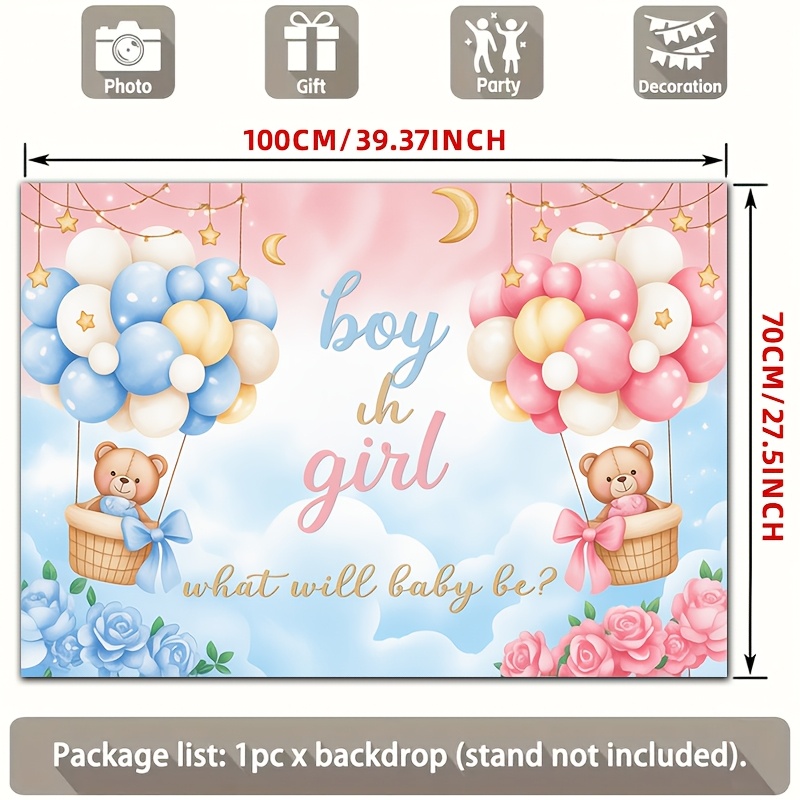 TEMU 2D Flat - 2D Flat - Dies ist ein bezauberndes 2D Flat Banner mit niedlichen rosa und blauen Ballons mit einem Teddybär-Design, für Gender Reveal