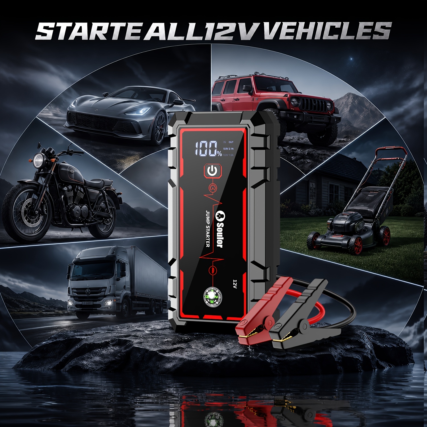 Soulor Car Jump Starter, 3000A to 6000A Portable Starter Power Supply, 2-In-1 Inflatable for All-In-One Multi-Functional Upgraded Version, 12V Quick Start Car, Suitable for All Cars, LED Emergency Lights, Compass, USB Input/Output