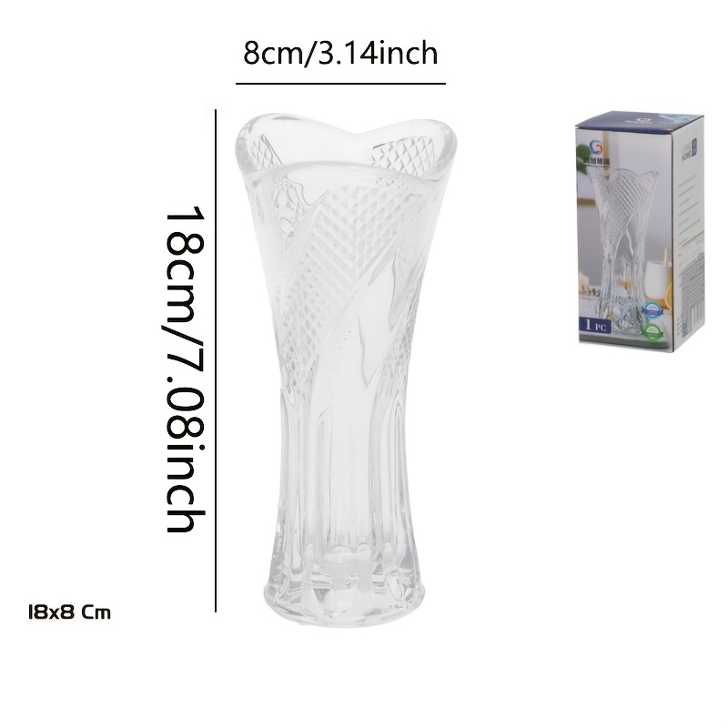 Image of An 18x8cm Transparent Glass Vase With Intricate Carvings, Designed In For Home Decor. Ideal For Arranging Flowers, Perfectly On A Desk Or At The Entrance, Making It Essential For Showcasing Dried And