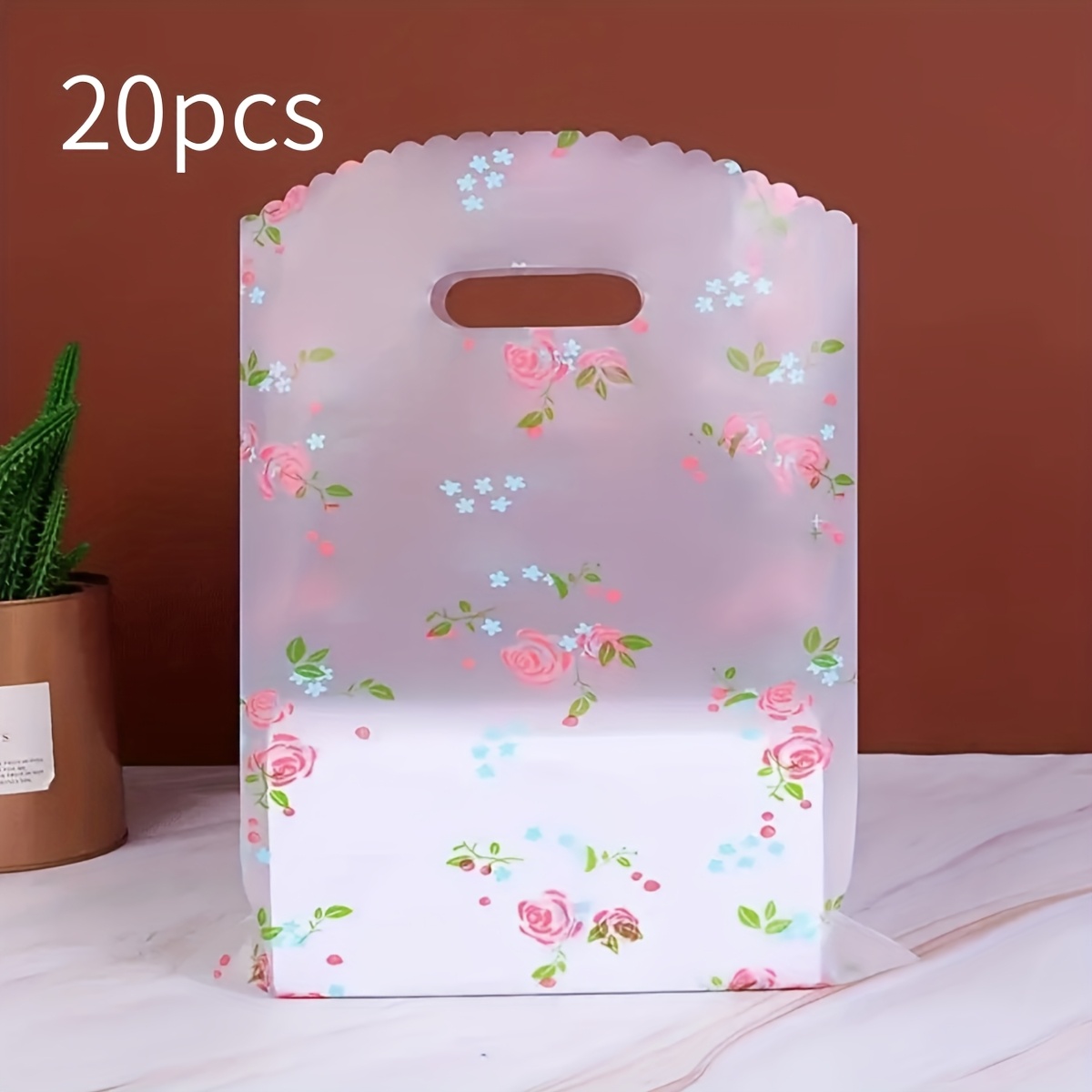 Image of 20pcs Pink Rose Pattern Plastic Thank You Bags With Handles - Reusable Retail And Grocery Shopping Bags, Suitable For Boutiques, Shopping, Gifts, And Packaging