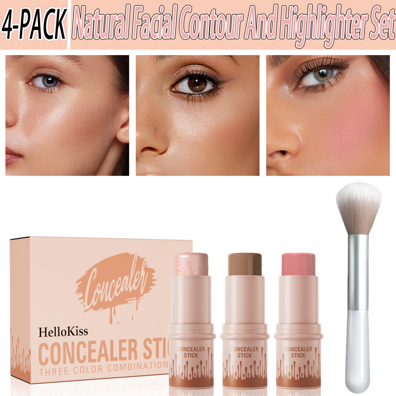 TEMU 4pcs Cream Contour Stick Set With Brush | Glow In 3 Steps: Contour/blush/highlight/bronze | Waterproof, Non-greasy, 24h Wear | For Fair-medium