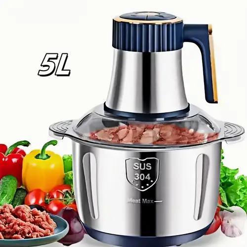 5l stainless steel electric food chopper processor bi level blades 40 000 rpm motor non slip rubber pad sturdy construction vegetables fruits meat easy to clean sleek stainless steel body