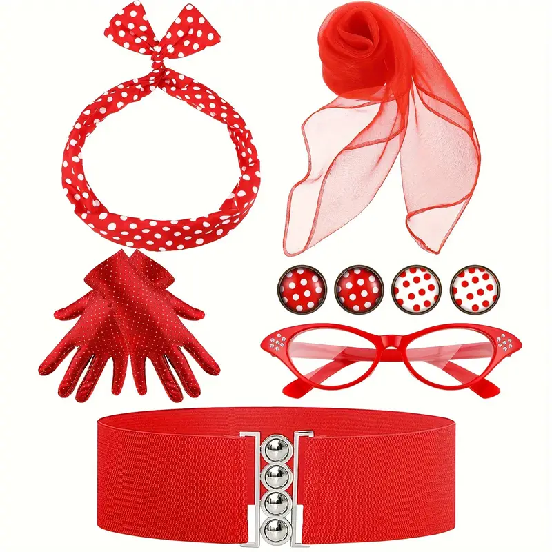 FEBALHS 50s Costumes for Women, Halloween 1950s Outfit Accessories with  Polka Dot Skirt Eyeglasses Bandanas Earrings Necklace