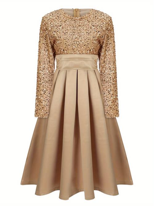 holiday dress for women velvet sequin contrast satin pleated midi dress a line long sleeves crew neck elegant style for wedding guest mother of the bride party dress christmas dresses for women