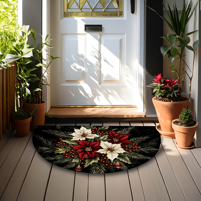 TEMU A Christmas-themed Half-circle Doormat With Floral Patterns, , And Yellow Flowers—a Machine-washable Welcome Mat Suitable For Indoor And Outdoor