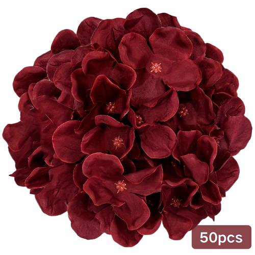 50 burgundy hydrangea heads with wire stems fabric material no battery required suitable for weddings and home decoration indoor and outdoor use spring festivals valentines day christmas graduation ceremonies flower decoration simulated floral arrangement diy handmade