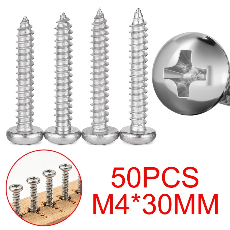 TEMU 50 pezzi M4*30MM Viti autofilettanti a testa a sfera Phillips in acciaio inossidabile, confezione