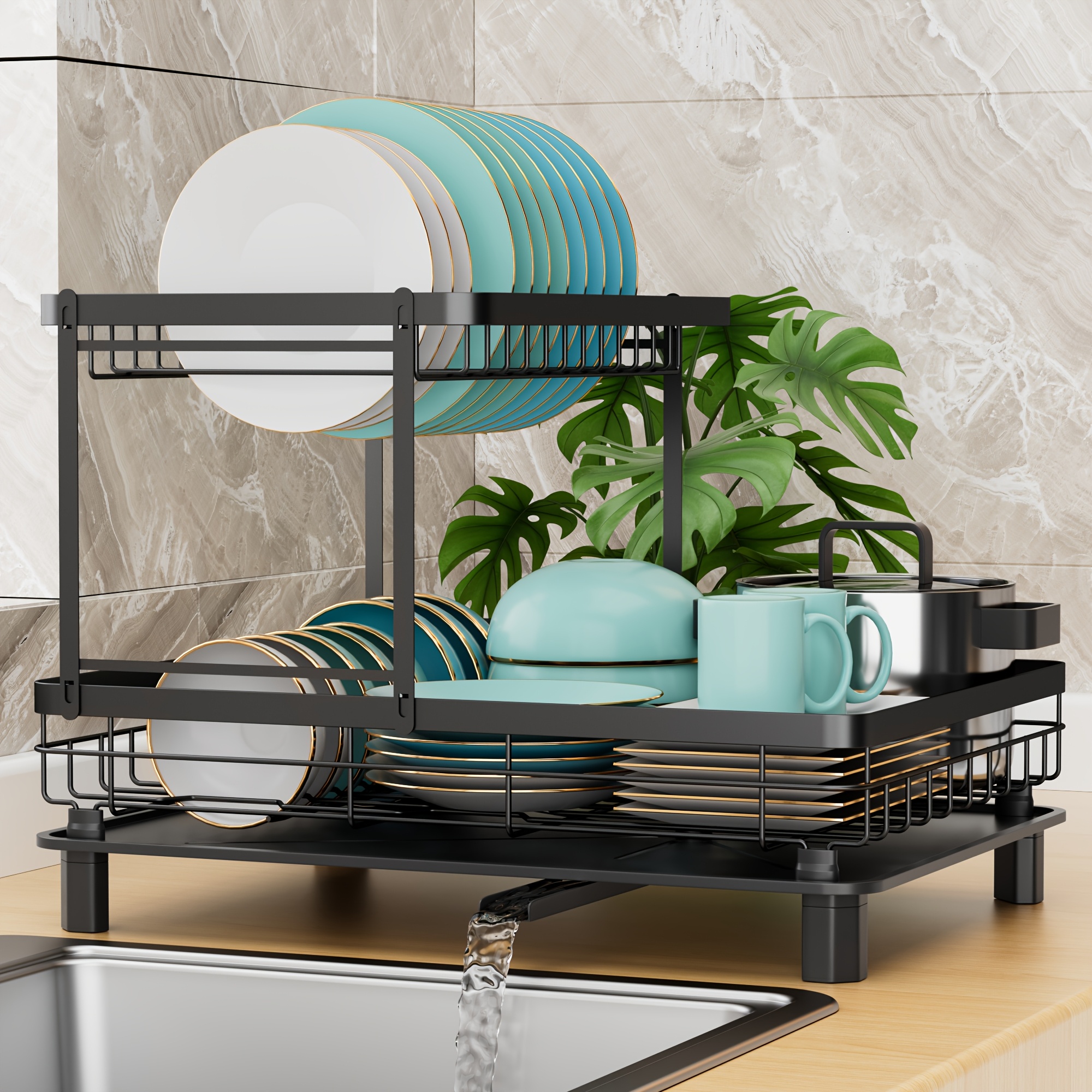 dish drainers large dish drying rack double layer dish rack for kitchen counter with drainage plate dish rack with tableware rack and cup holder