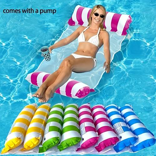 2pcs set a pool lounge chair and an air pump foldable inflatable backrest striped floating hammock swimming ring float bed adult colorful portable water hammock multifunctional pvc pool float lounge chair and drift travel