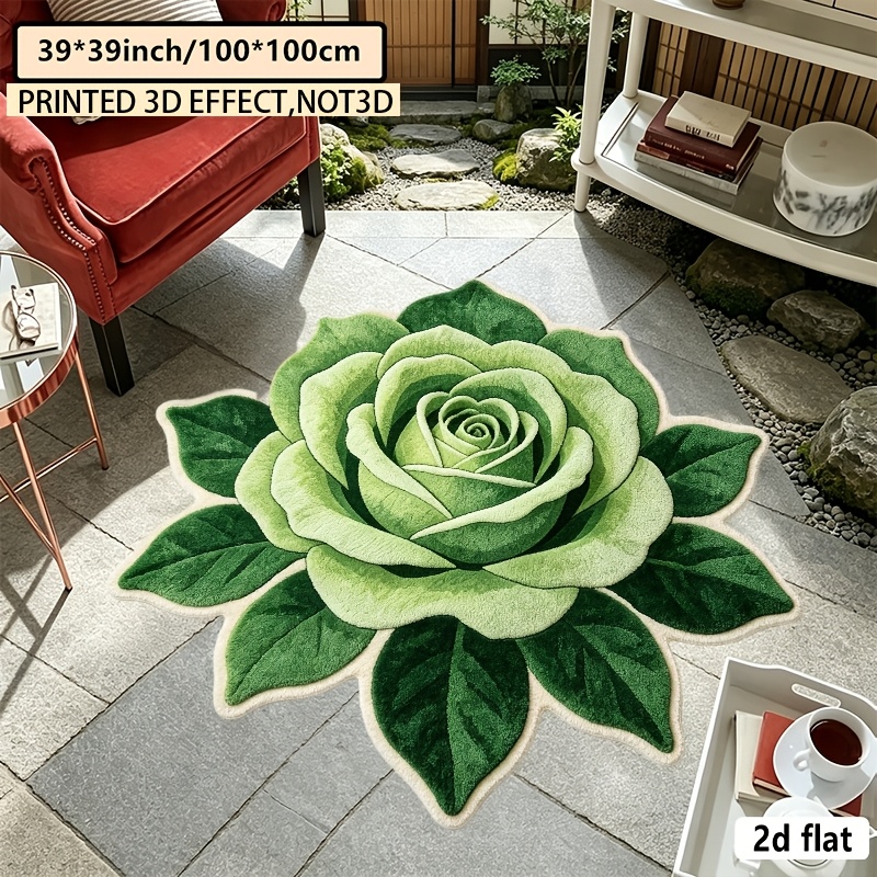 TEMU 2d Flat Multi- Creative Irregular Rug, Green Rose Machine Washable Rug, Easy To Clean, Non-slip, Fashionable Floor Mat And Rug, Suitable For
