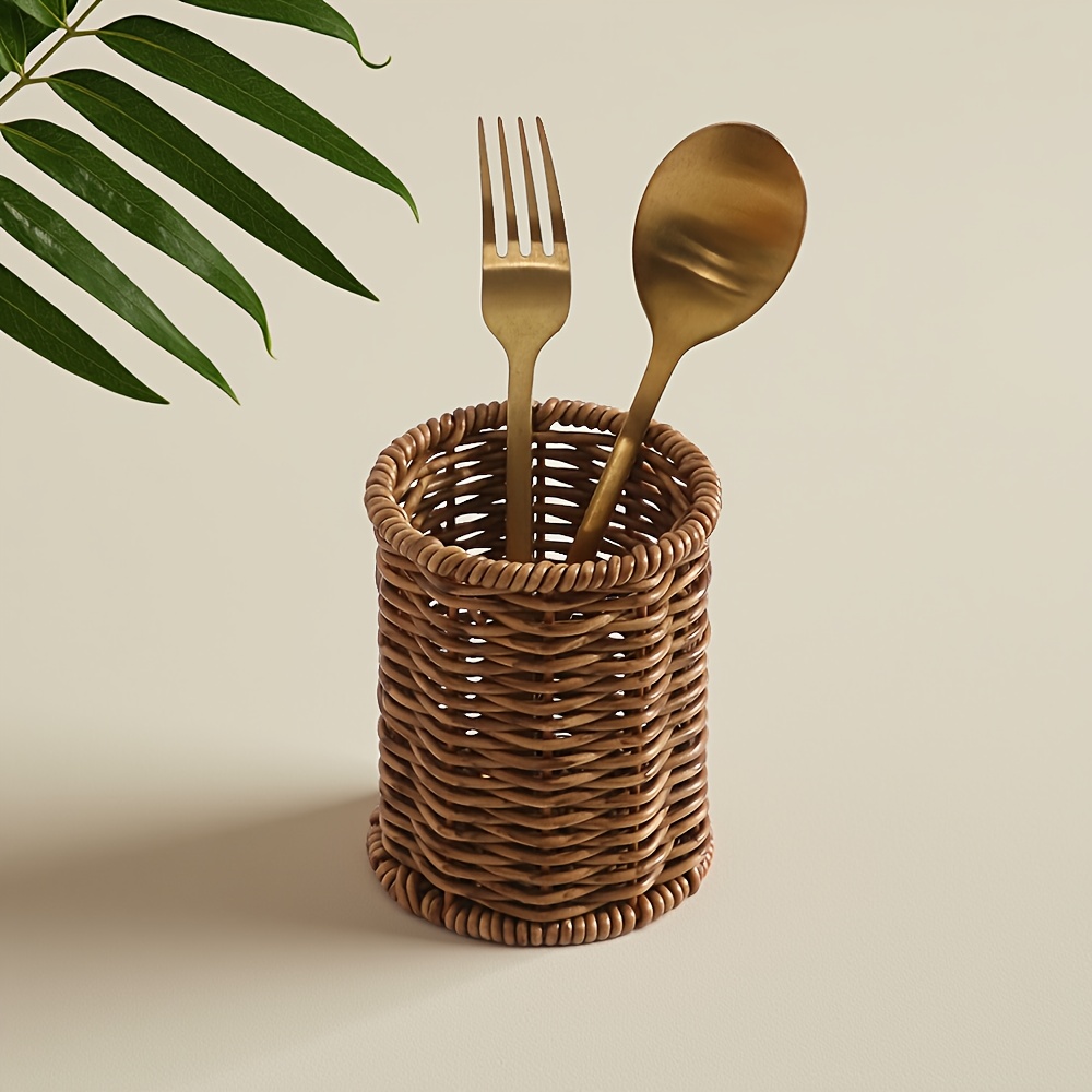 Vintage Rattan Chopstick Holder, Kitchen Utensil Storage Basket, Tabletop Cutlery Caddy For Dining Hanging Baskets