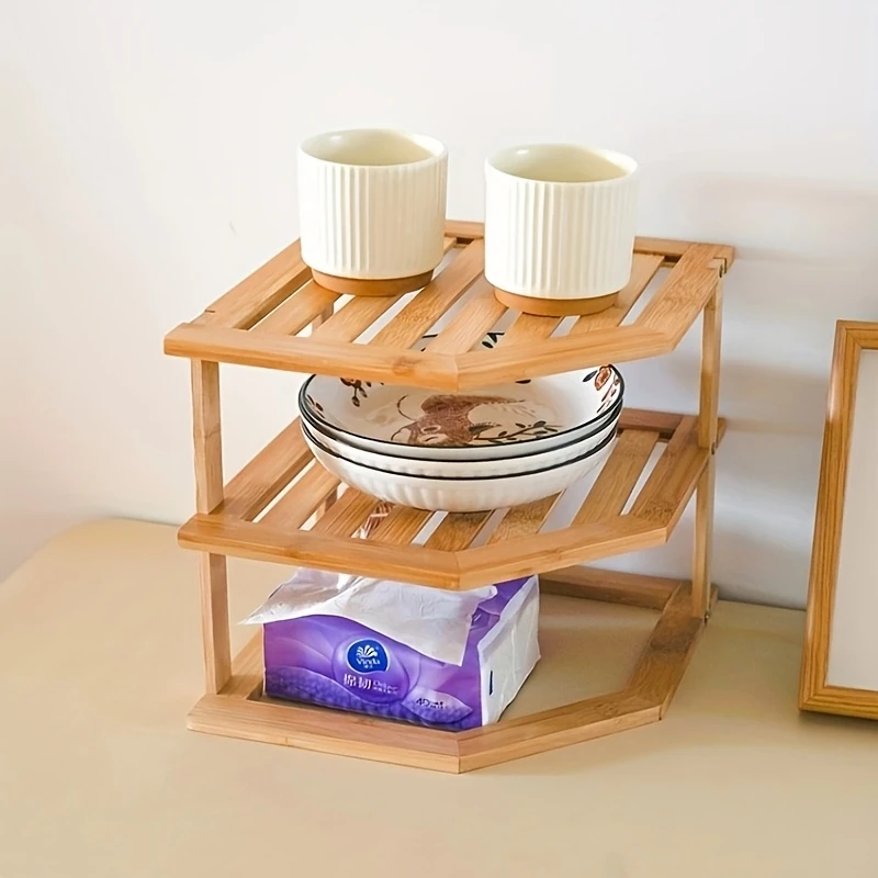 2 tier bamboo desktop organizer shelf for office supplies kitchen spices and home decor multi layer storage rack with natural cosmetics jars and small items office accessory holder triangular shape design polished drawer organizer details 1