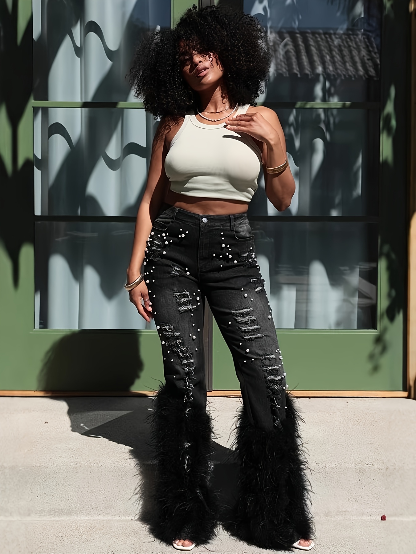 chain ladies black straight jeans