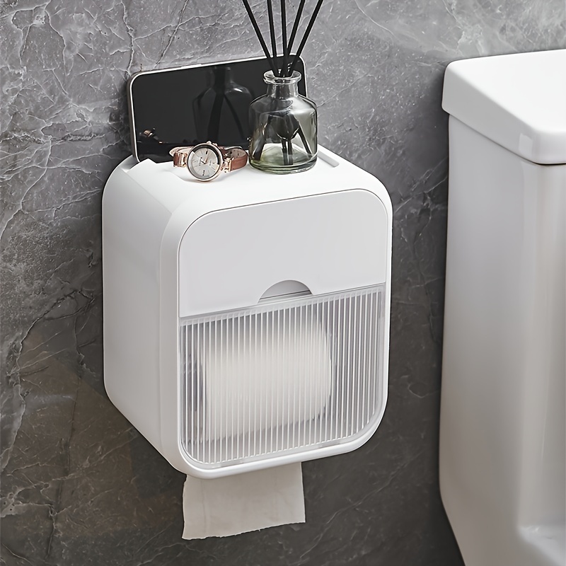

Wall-mounted Tissue Dispenser With Storage Shelf, Waterproof Plastic Rectangle Bathroom Toilet Paper Holder - White