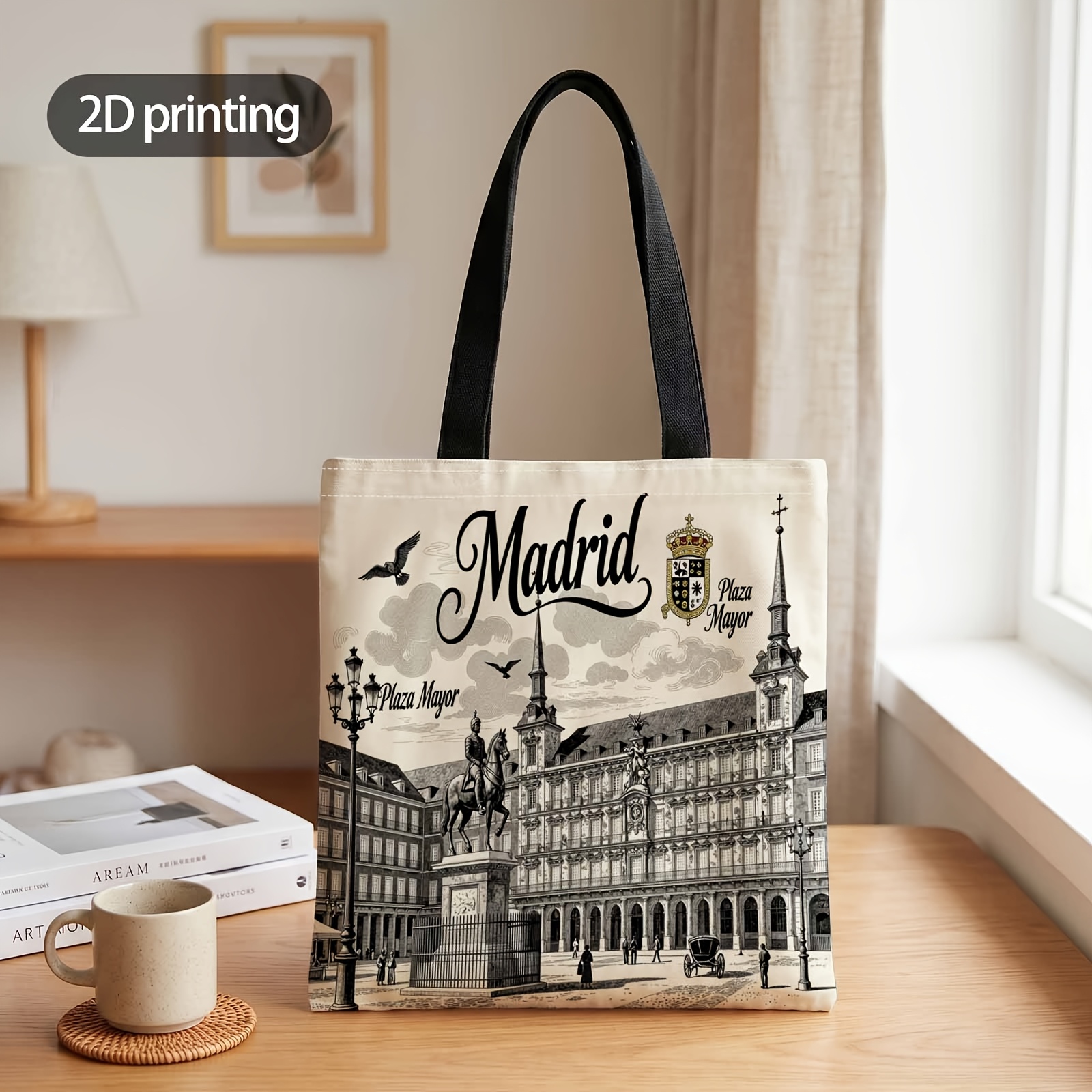 TEMU Bolso de de 1 pieza con estampado 2D del de la Mayor de Madrid, bolso de de moda reutilizable, bolso de , bolsa de compras tote, adecuado para