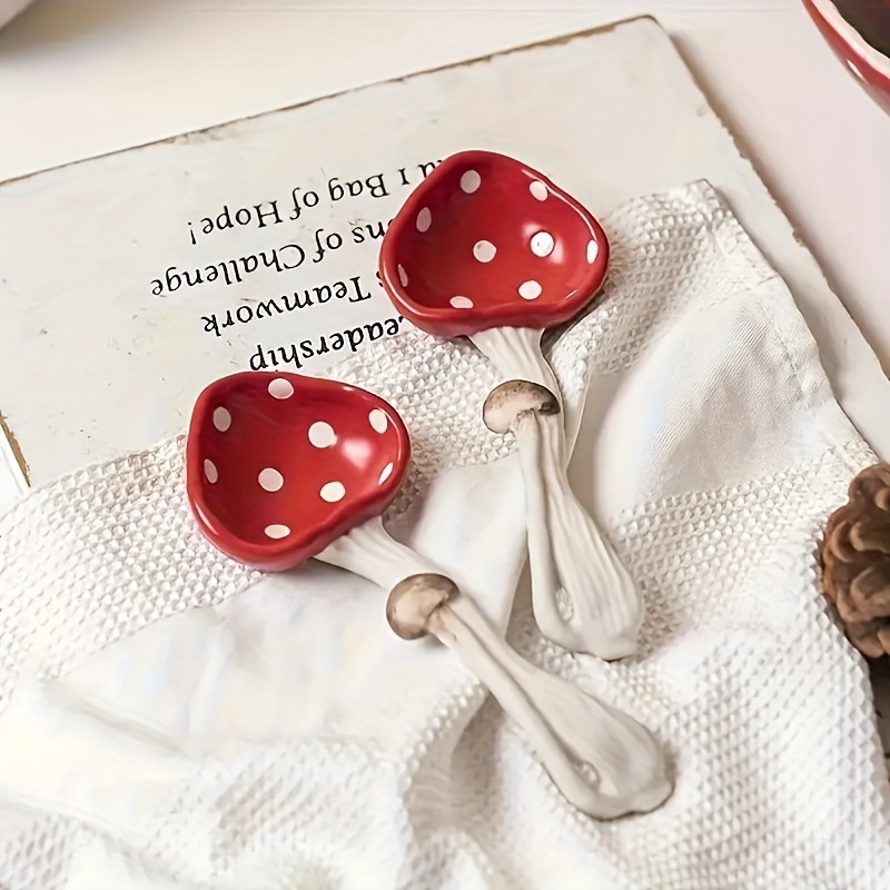 Image of Set Of 2 Ceramic Mushroom Spoons, Long-handled Soup Spoons, Red Polka , Cute Japanese-style Small Teaspoons, Creative Coffee Stirring Spoons, Suitable For Afternoon Tea, Home, Hotels, And Restaurants