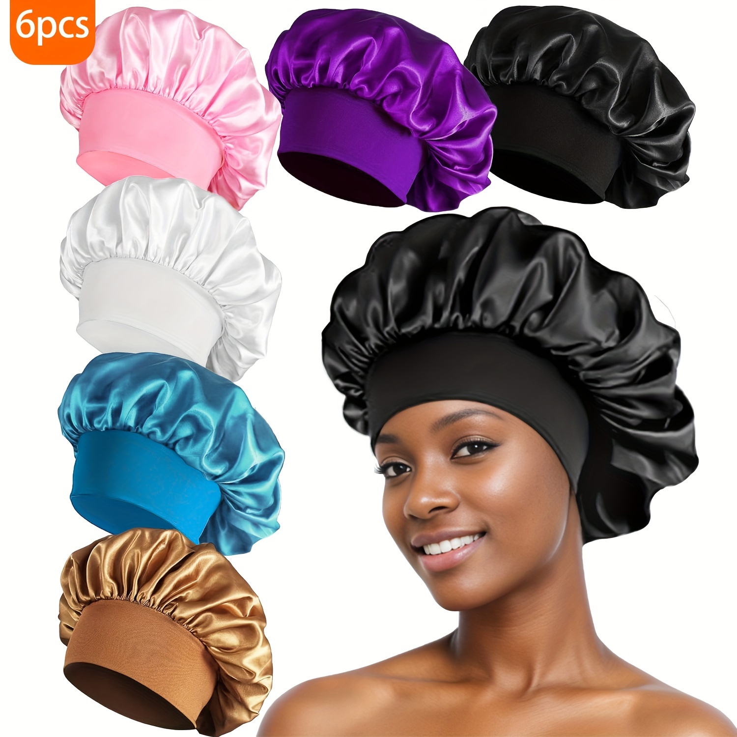

6pcs Satin Bonnets For Women, Elastic Band Sleep Cap, Solid Color, Silky Night Hair Cover With Wide Brim, Fashion Comfortable Hair Bonnets For Home, Sports, Casual Use