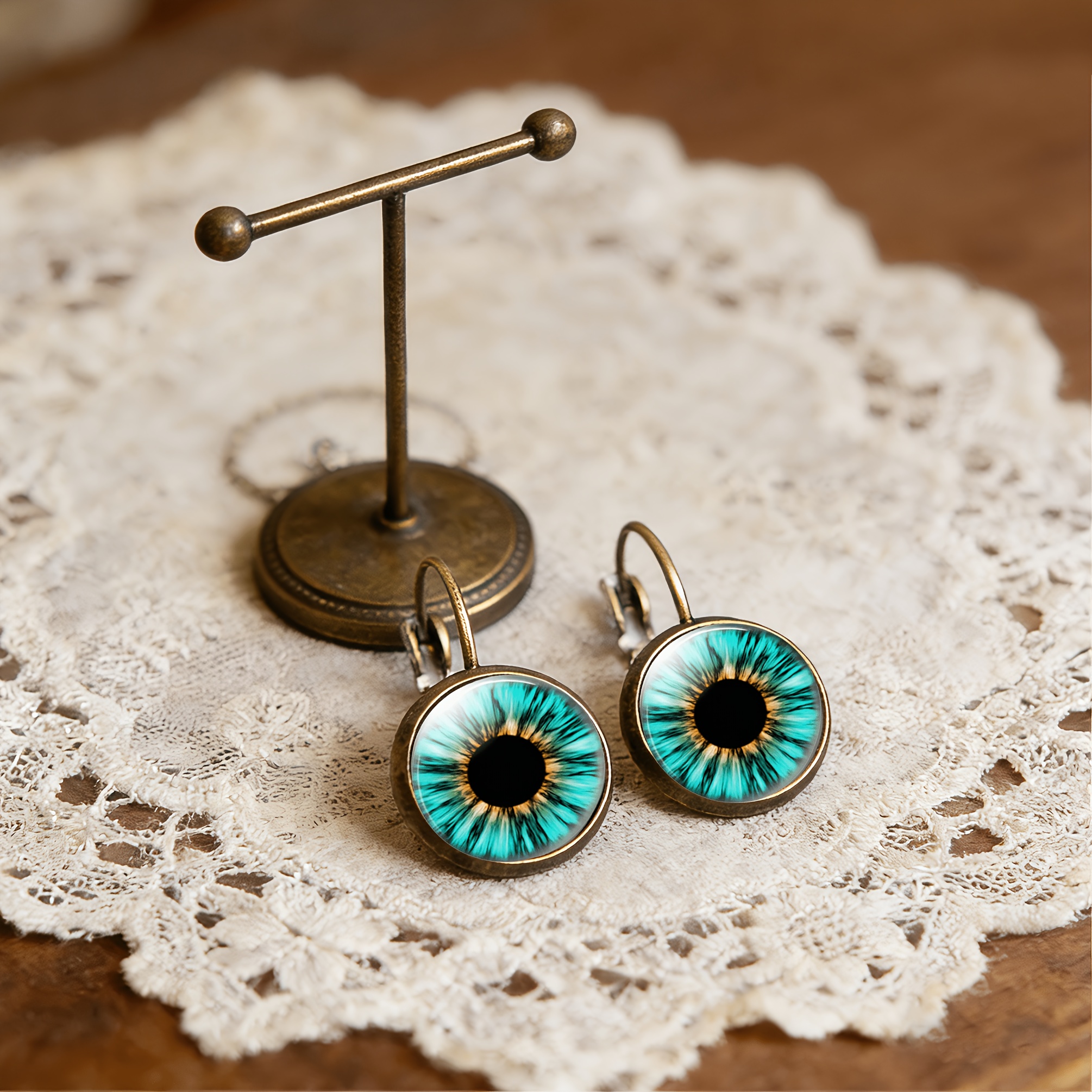 2pc Ancient Teal Round Classical Earrings Set, Vibrant Design