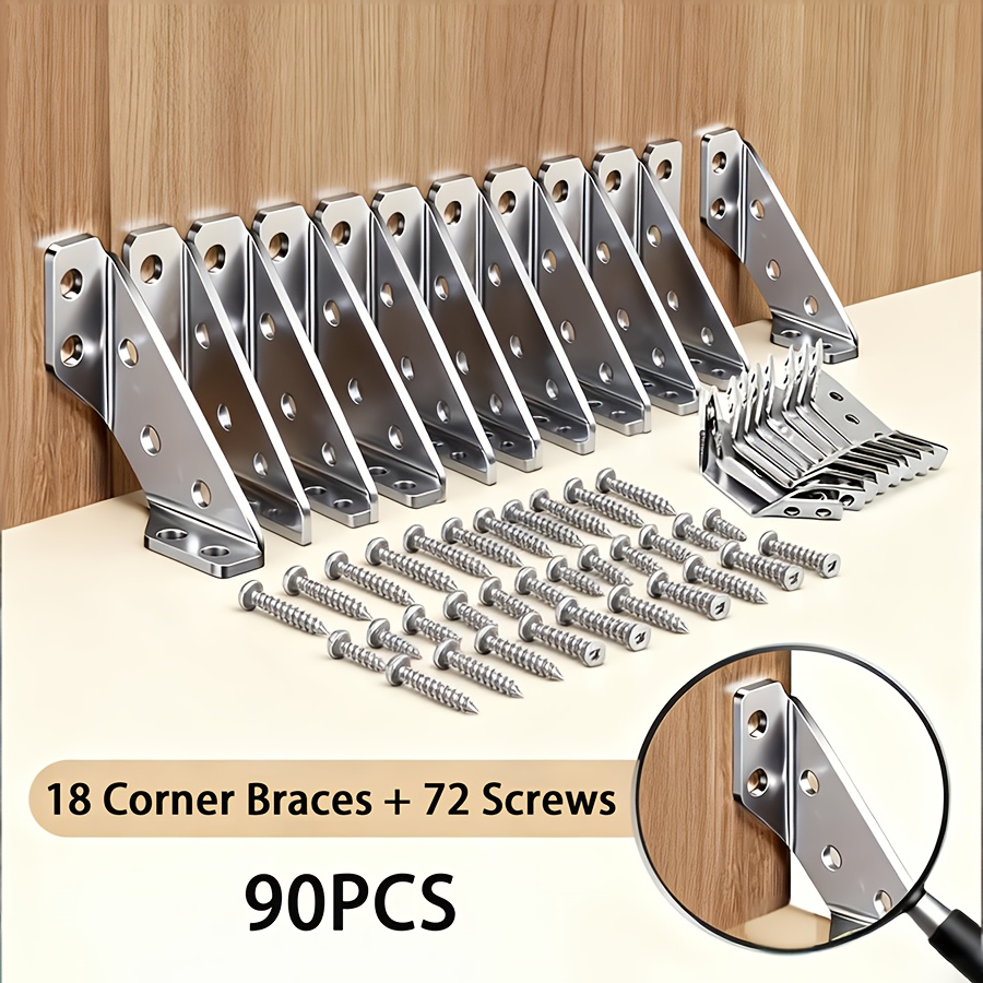 TEMU 90pcs Set (18 Corner Brackets + 72 Screws) Heavy-duty Metal Angle Bracket Kit - 90-degree L-shaped Braces, Rust-resistant And Durable Furniture