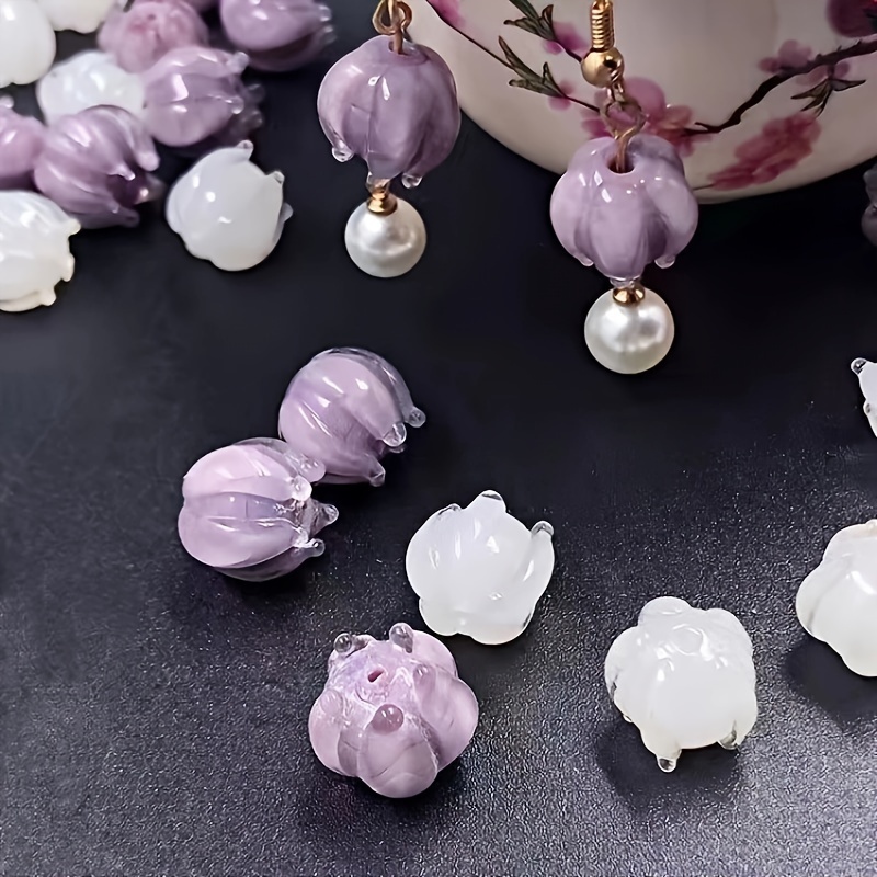 

4pcs Set Handcrafted Glass Charms - Elegant Purple & White Floral Pendants With Golden-tone Accents For Diy Hairpins, Earrings, And Bracelets Crafting, Flower Jewelry