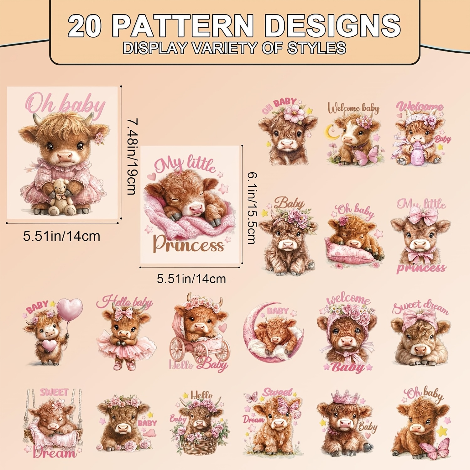 TEMU 20pcs Cute Highland Cow Iron-on Patches, -on Stickers For, Transfer Vinyl Decals For Onesies, Rompers, Bibs, Diy Shower Decorations
