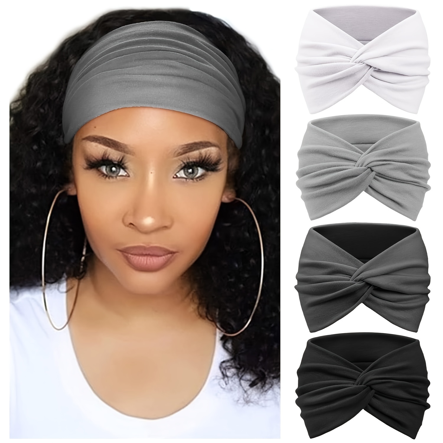 

4-pack Bohemian Style Polyester Knotted Headwraps For Women - Cute Stretchy Hair Bands For Yoga, Sports, Fitness - Sweat-wicking Wide Elastic Headbands - Solid Color Vintage Boho Hair Accessories