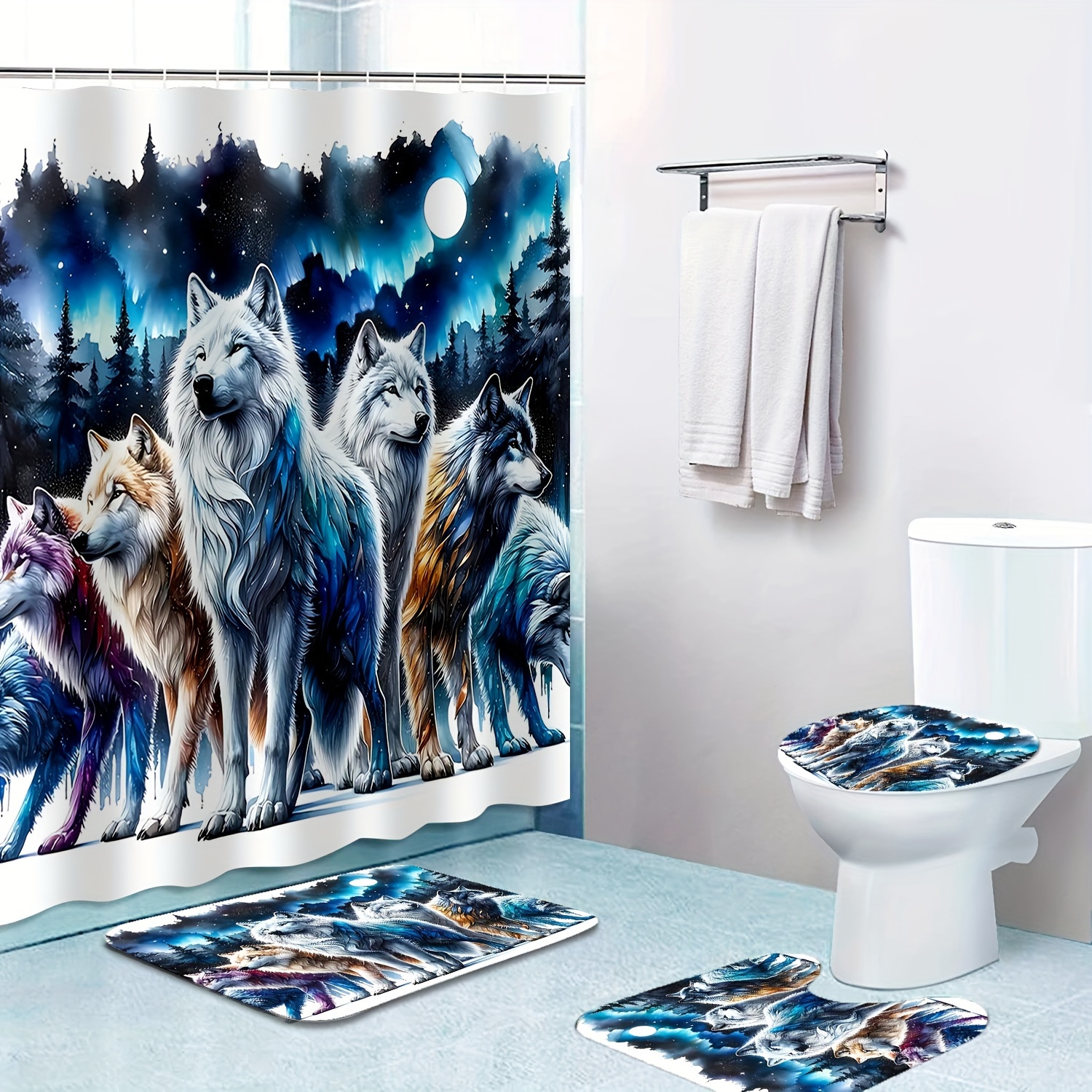 

1/4pcs Wolf Print Shower Curtain Set, Shower Curtain With 12 Hooks, Non-slip Bathroom Rug, Toilet U-shape Mat, Toilet Lid Cover Pad, Bathroom Decor, Shower Curtain Sets For Bathrooms