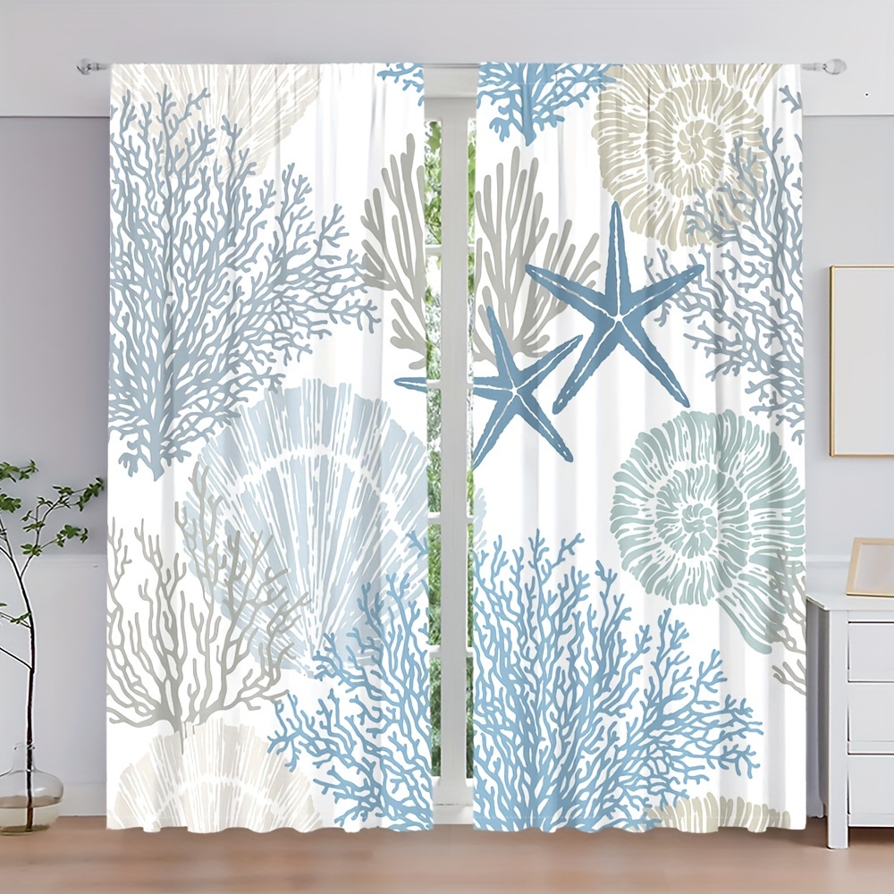 

2pcs Ocean Theme Semi-sheer Curtains, Weave Brushed Fabric, Rod Pocket Hanging, Machine Washable, Fade Resistant, Decorative Unlined Drapes For Living Room, 90-100gsm