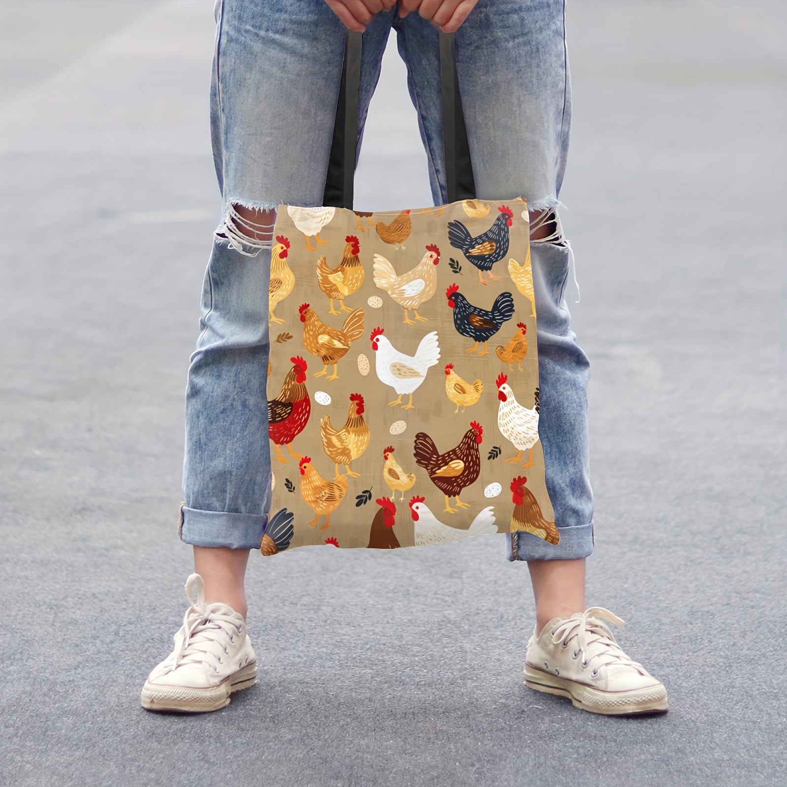 

Funny Pattern Chicken Tote Bag: 13.7x15.7 Inches, Casual Women's Handbag And Shopping Bag, Random Print, No Closure, No Lining, Polyester Material