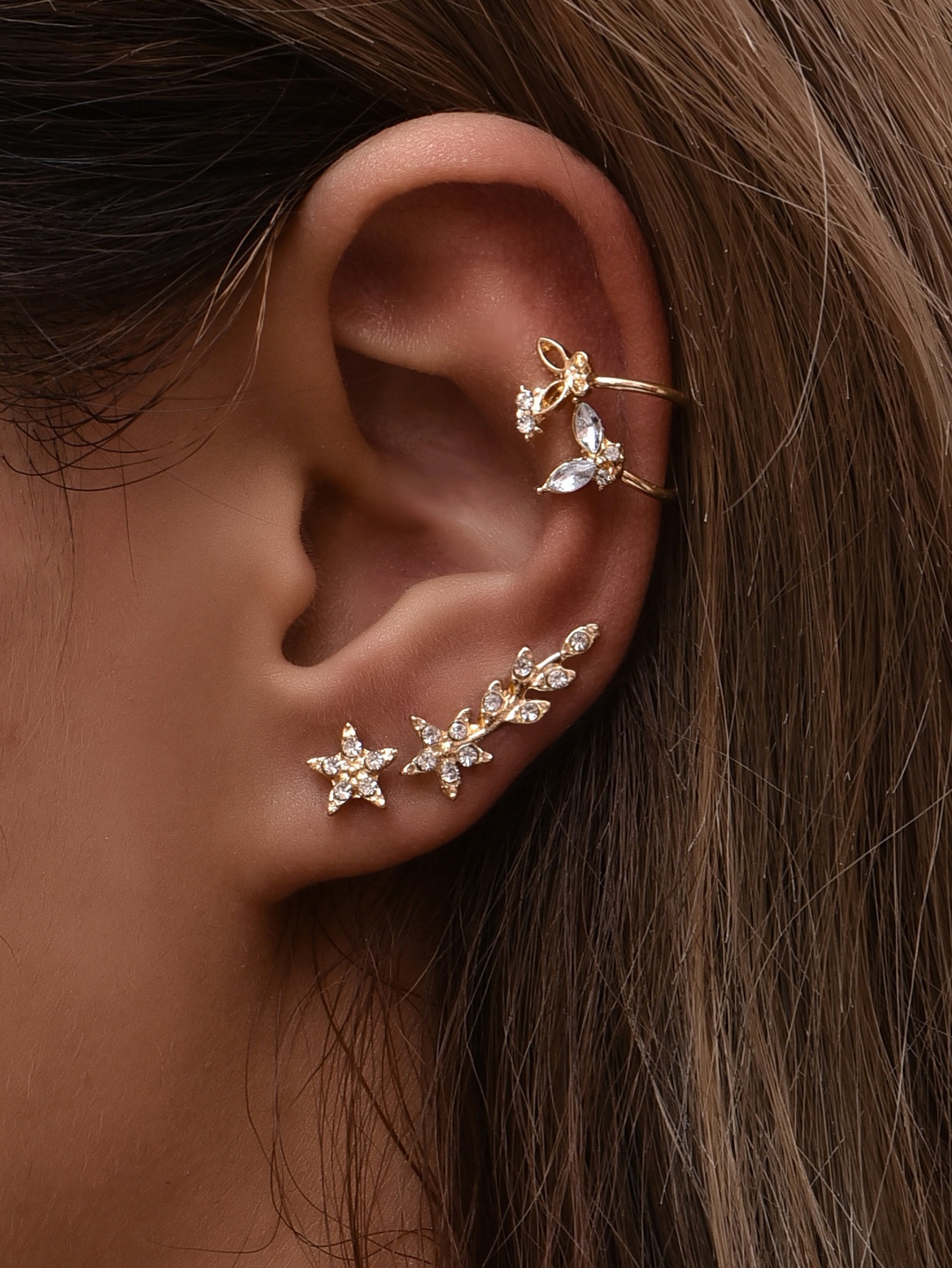 4pcs/set Hollow Creative Earrings Butterfly Star Leaf Crystal Earrings No Need to Wear Invisible Earrings Fashion Accessories