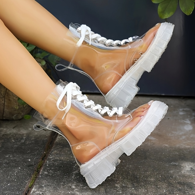   709 womens transparent chunky   heel ankle boots round toe lace up   cover upper with thick rubber sole   versatile casual dressy boots for women extended sizes   0