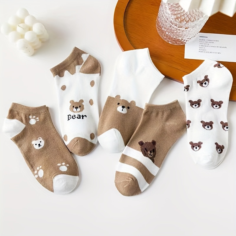 5 Pairs Women's Ankle Socks - Cute Bear & Paw Print Design, Anti-Odor Warm Boat Socks for Fall, Trendy Japanese Style Casual Socks & Fashion Enthusiasts, Accessories, Playful Sock Designs, Soft Fabric Socks