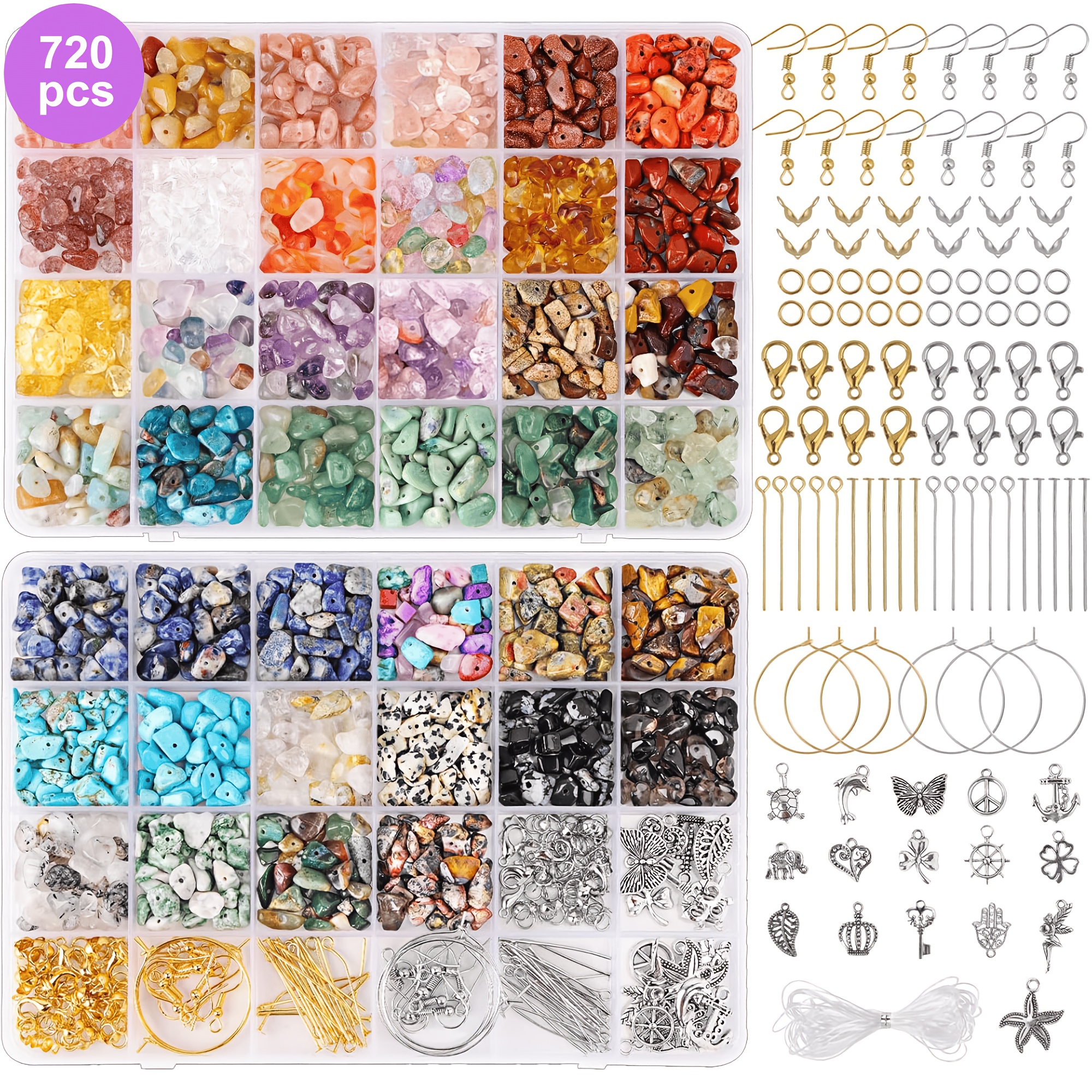 TEMU 720pcs Glass Beads Kit, 40 Colors Irregular Gemstone For Jewelry Making, Diy Craft Supplies For Earrings, Bracelets, Necklaces, No Power Needed