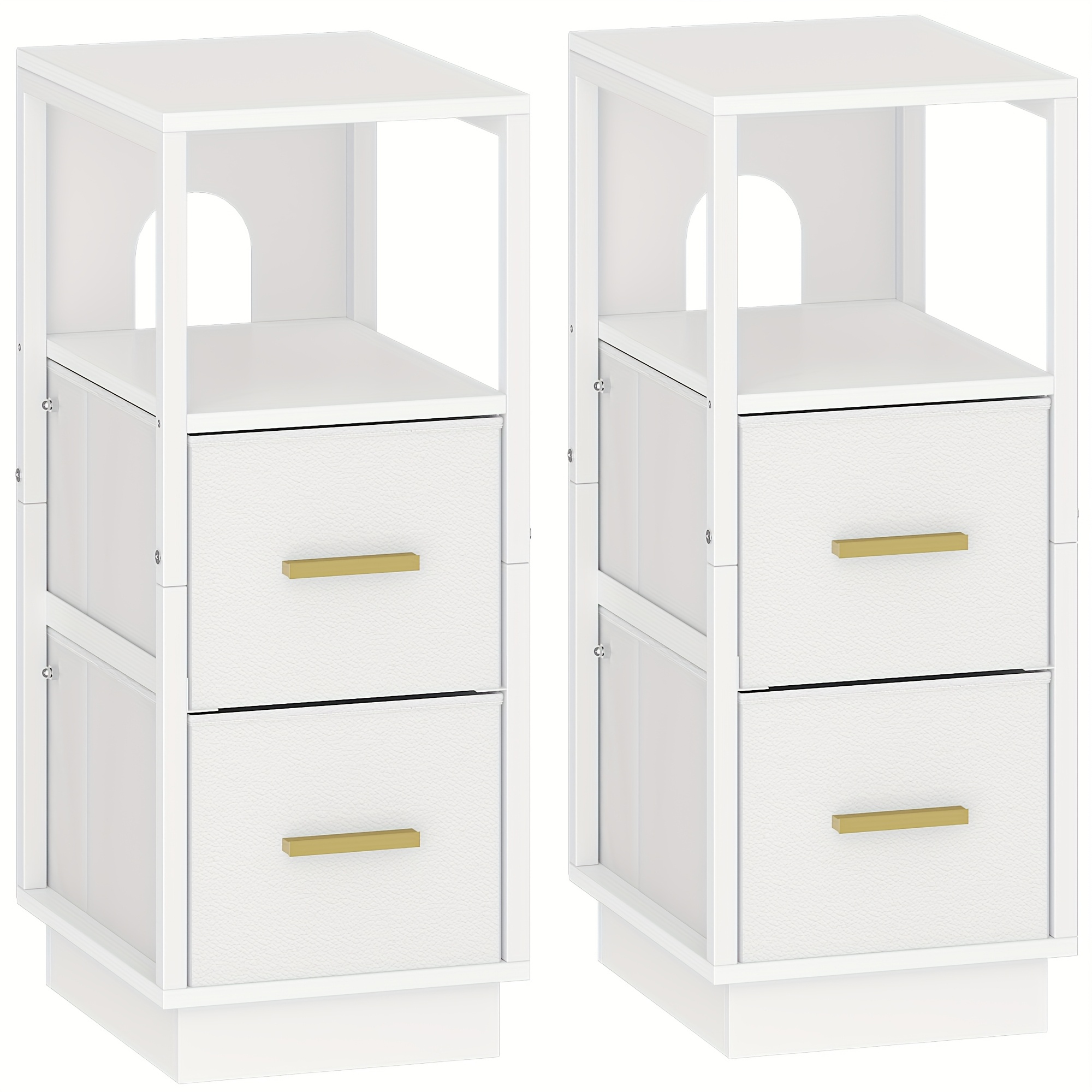 Bedside Table Set Of 2, Side Table With Open Compartment, Narrow Bedside Table With 2 Fabric Drawers, Modern, For Bedroom, Living Room, 30 X 24 X 60cm, White, Mounted Closet Systems