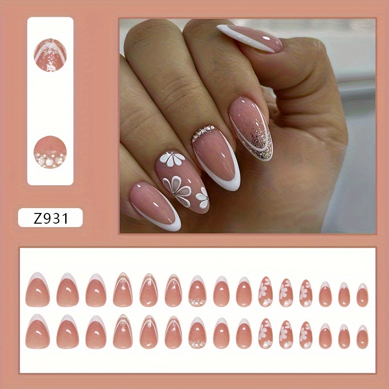 Easy Nail Stickers Removable Nail Tips Chinese Style French Printed False Nails Wearable Nails Nail Pieces Drill Style 30pcs [jelly Glue]